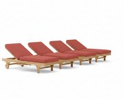 Four wooden lounge chairs with henna 
cushions on a white background