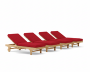 Four red cushioned lounge chairs on a white background
