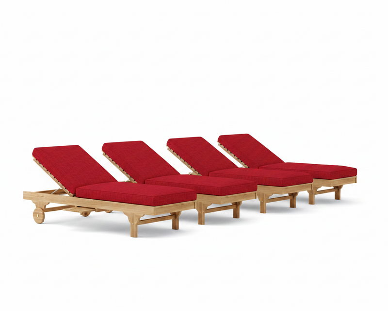 Four red cushioned lounge chairs on a white background