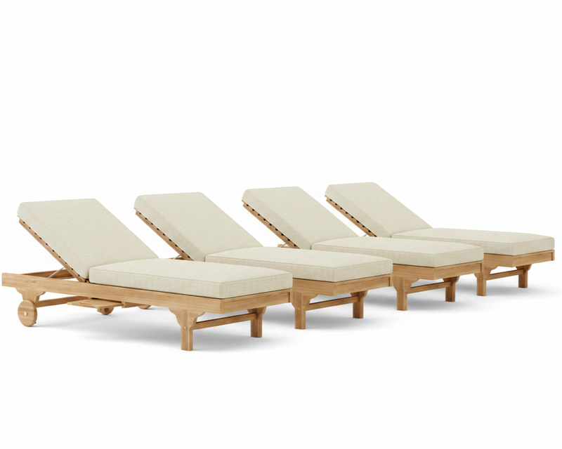 Set of four wooden lounge chairs with linen cushions on a white background