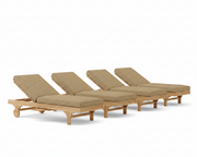 Set of four wooden lounge chairs with beige cushions on a white background
