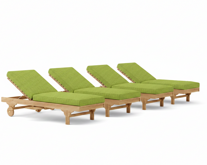 Four green cushioned lounge chairs with wooden frames on a white background