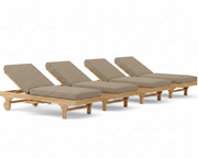 Four wooden lounge chairs with beige cushions on a white background
