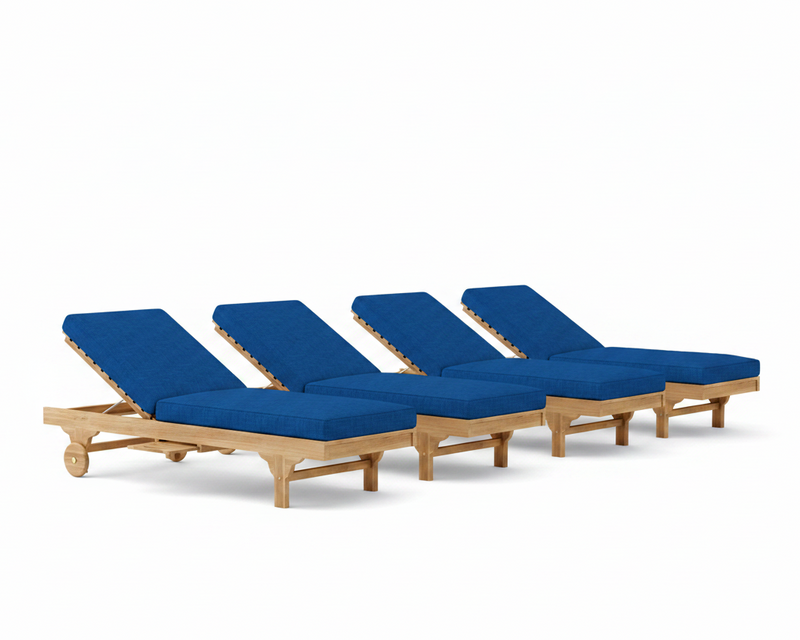 Four wooden lounge chairs with blue cushions on a white background
