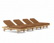 Four brown lounge chairs with wooden frames on a white background