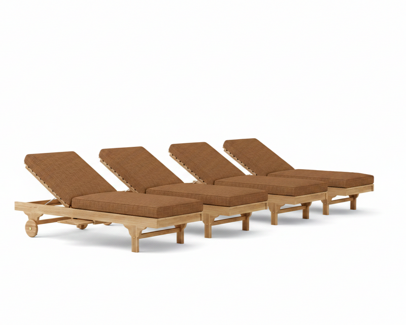 Four brown lounge chairs with wooden frames on a white background