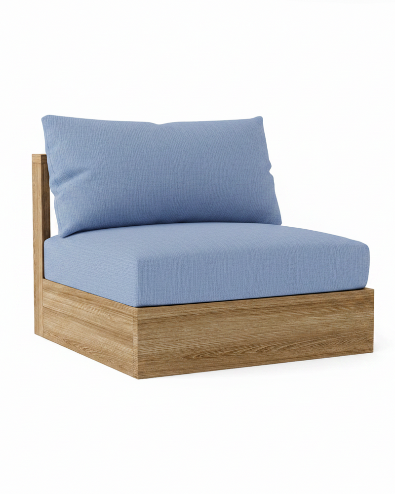 A single outdoor lounge chair cushion set featuring a light blue textured seat cushion and matching back pillow on a natural oak wood frame, shown against a plain white background.