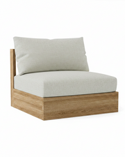 A modern outdoor lounge chair with a light beige textured fabric cushion and a natural wood frame, shown on a solid white background.