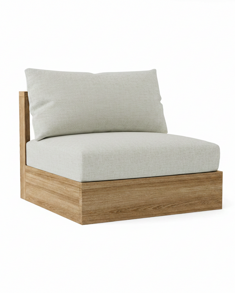 A modern outdoor lounge chair with a light beige textured fabric cushion and a natural wood frame, shown on a solid white background.