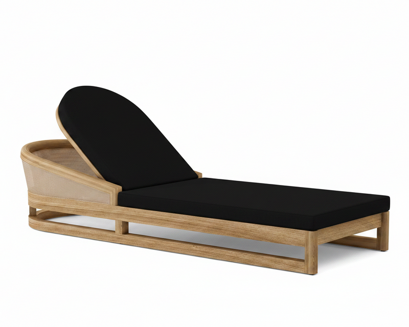Catania teak lounge chair with black cushion on white background.  