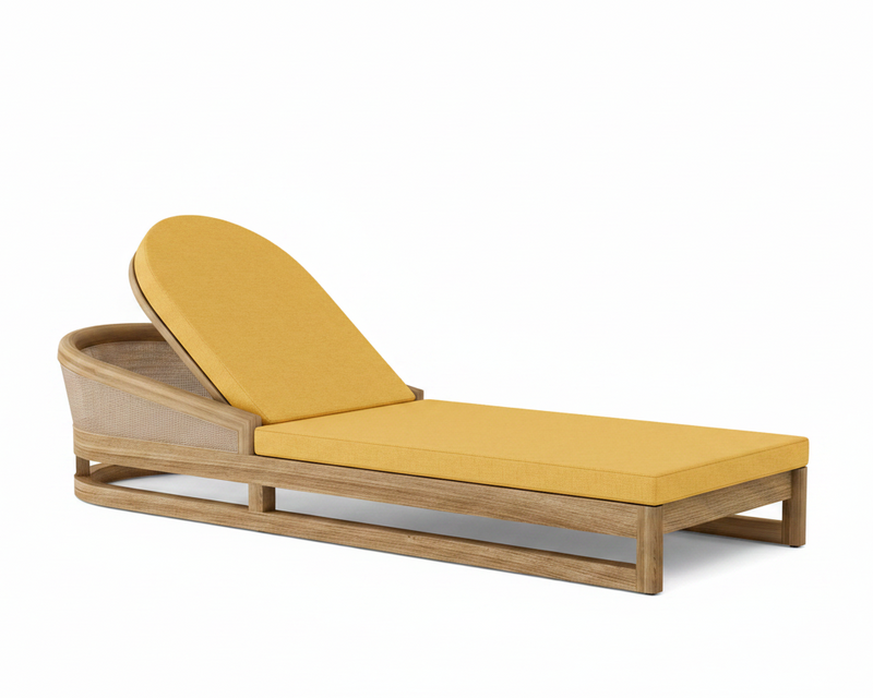 Catania teak lounge chair with buttercup cushion on white background.