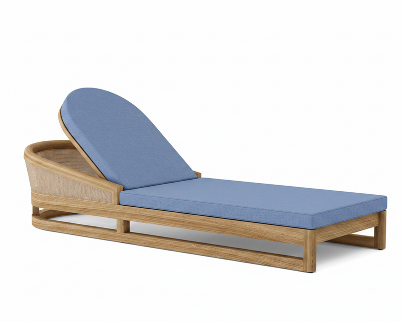 Catania teak lounge chair with cast ocean cushion on white background.  