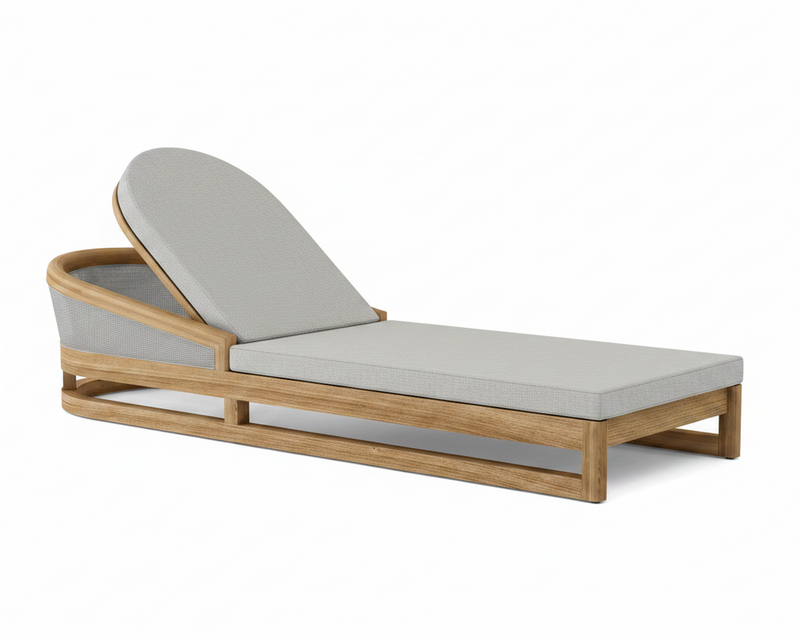 Catania teak lounge chair with cast silver cushion on white background.  