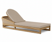 Catania teak lounge chair with dupione sand cushion on white background.