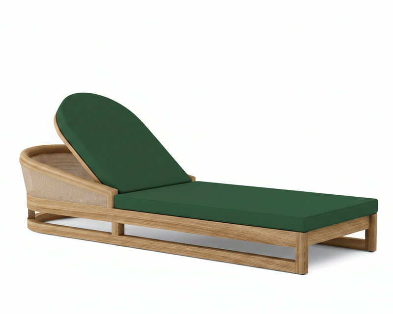 Catania teak lounge chair with forest green cushion on white background.  