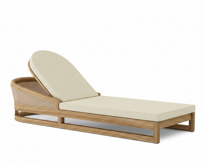 Catania teak lounge chair with linen canvas cushion on white background.  