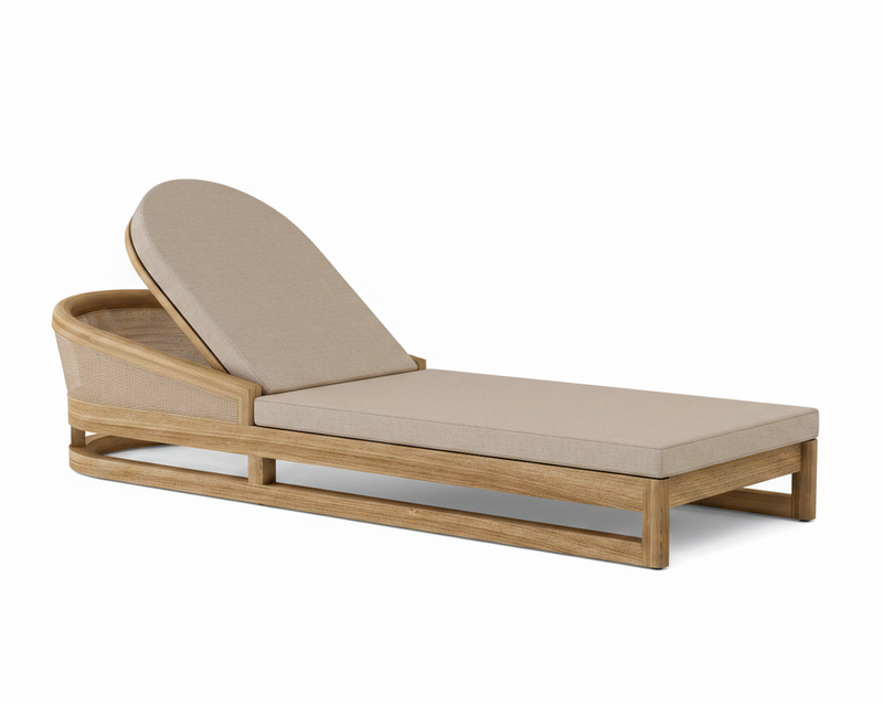 Catania teak lounge chair with linen sesame cushion on white background.  