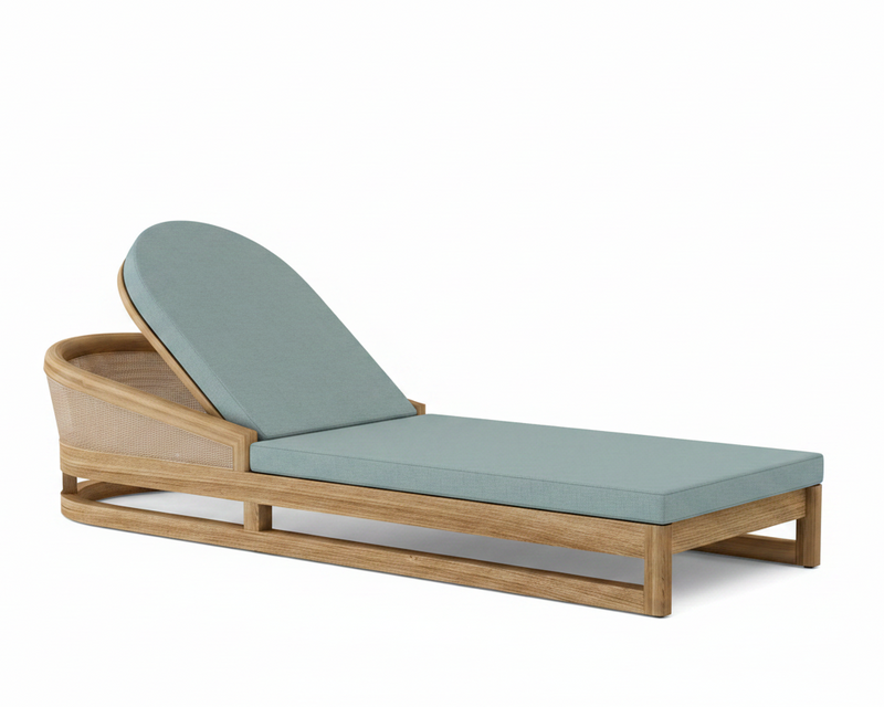 Catania teak lounge chair with mineral blue cushion on white background.  