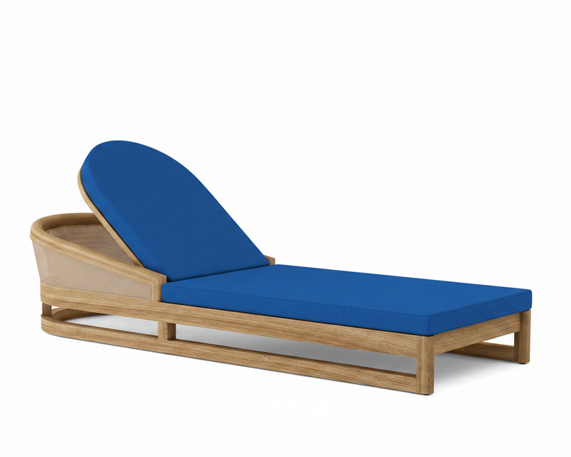 Catania teak lounge chair with pacific blue cushion on white background. 