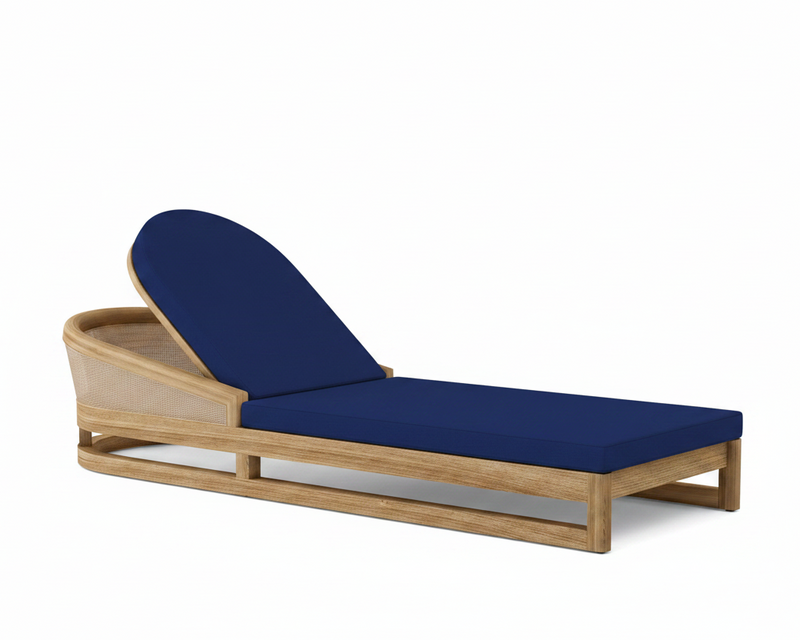 Catania teak lounge chair with true blue cushion on white background.  
