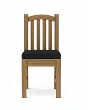 A wooden dining chair with a slatted backrest and a thick black seat cushion, shown from the front on a plain white background.