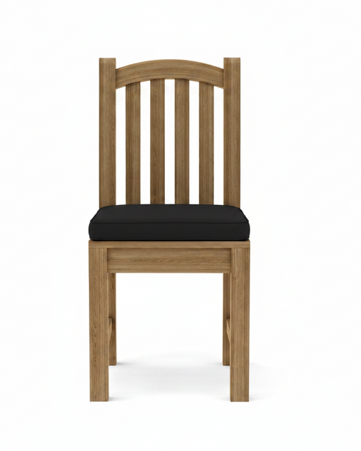 A wooden dining chair with a slatted backrest and a thick black seat cushion, shown from the front on a plain white background.