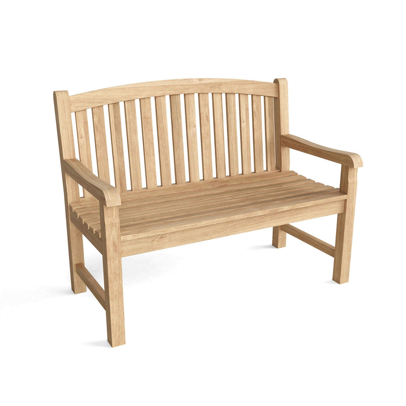 Teak 2- seater bench on white background.  