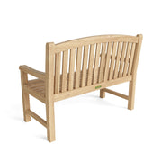 Back view of teak 2-seater bench on white background.  
