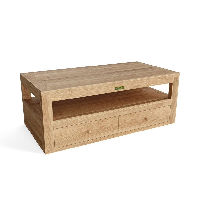 Wooden coffee table with storage drawers on a white background