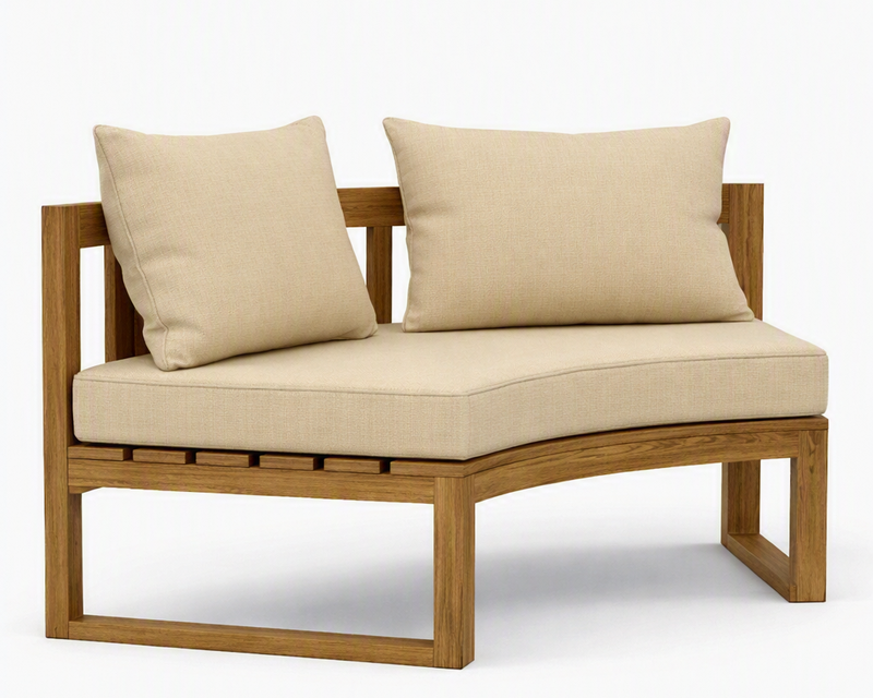 Circular teak bench with antique beige cushions on a white background.