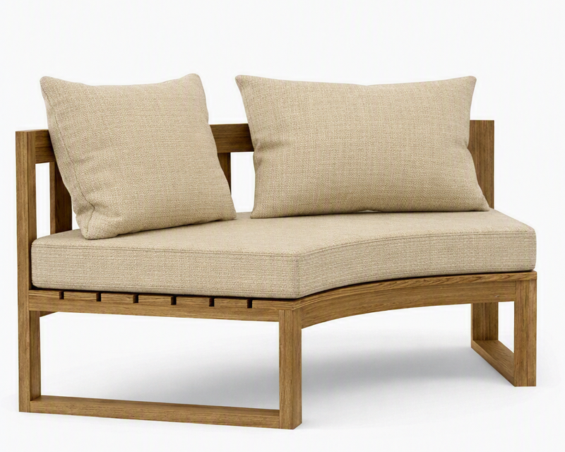 Circular teak bench with dupione sand cushions on a white background. 