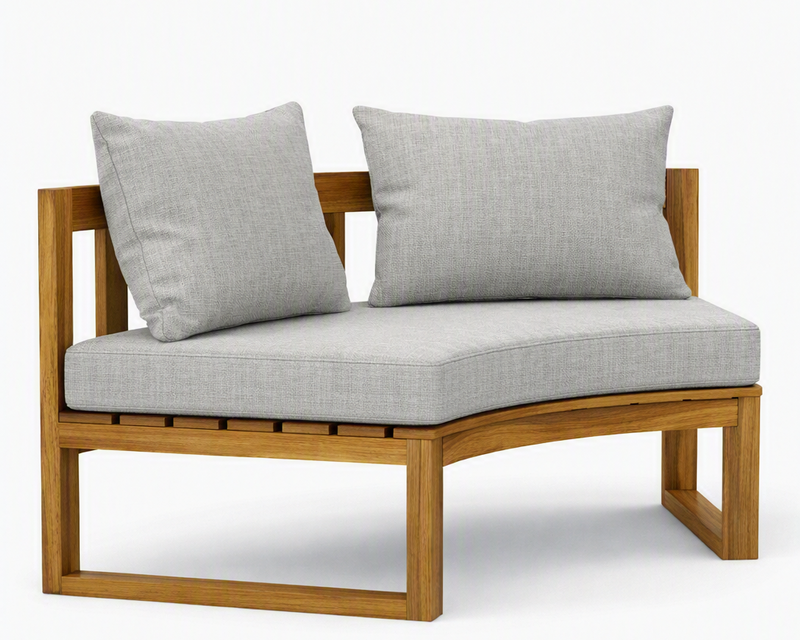 Circular teak bench with granite cushions on a white background.  
