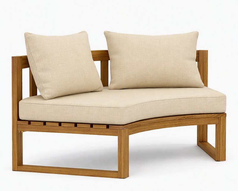 Circular teak bench with linen canvas cushions on a white background.  