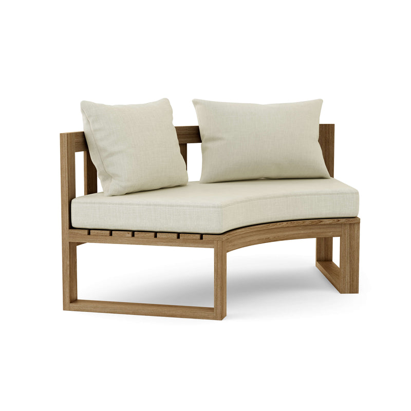 Circular teak bench with natural cushions on a white background.  