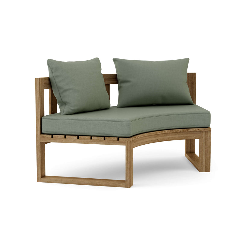 Circular teak bench with cast sage cushions on a white background.  