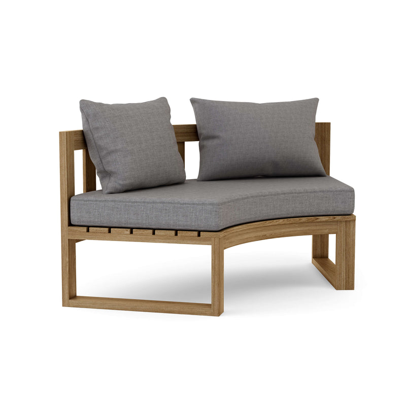 Circular teak bench with cast slate cushions on a white background.  