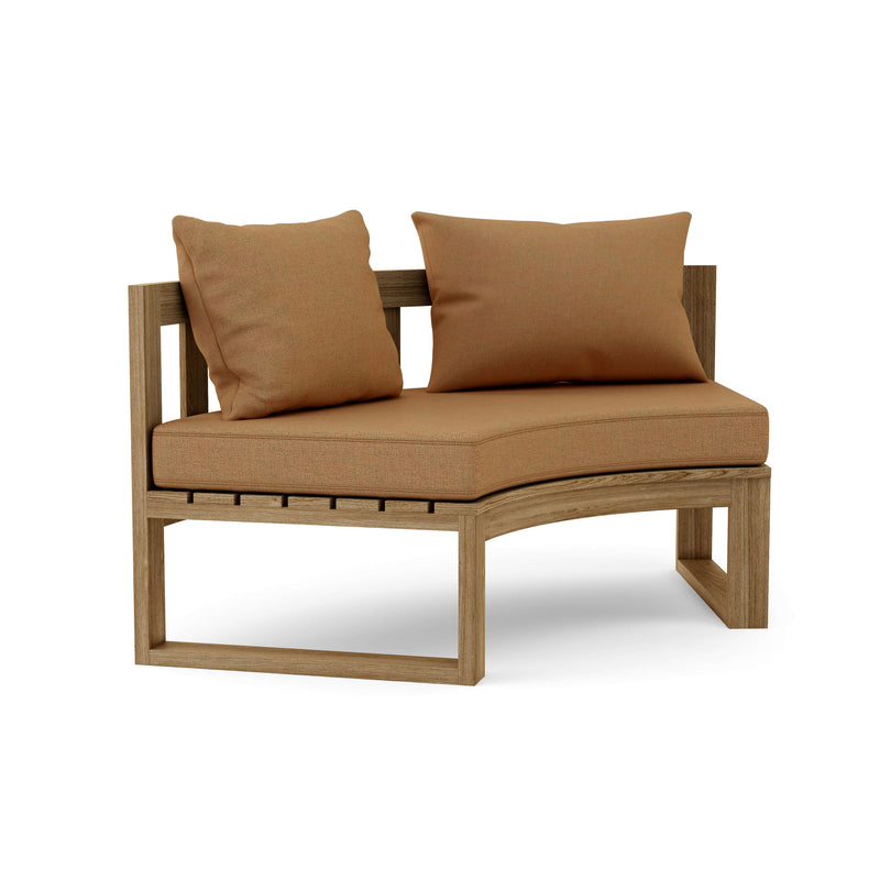Circular teak bench with teak cushions on a white background.  