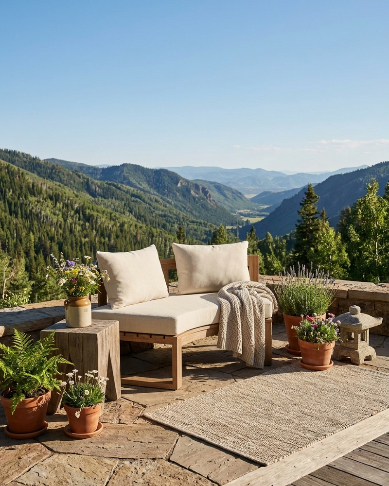A wooden outdoor circular bench with cream cushions sits on a stone patio overlooking a mountain valley. The lounge is styled with two matching pillows, a beige throw blanket, and potted plants on a rustic stone table nearby.