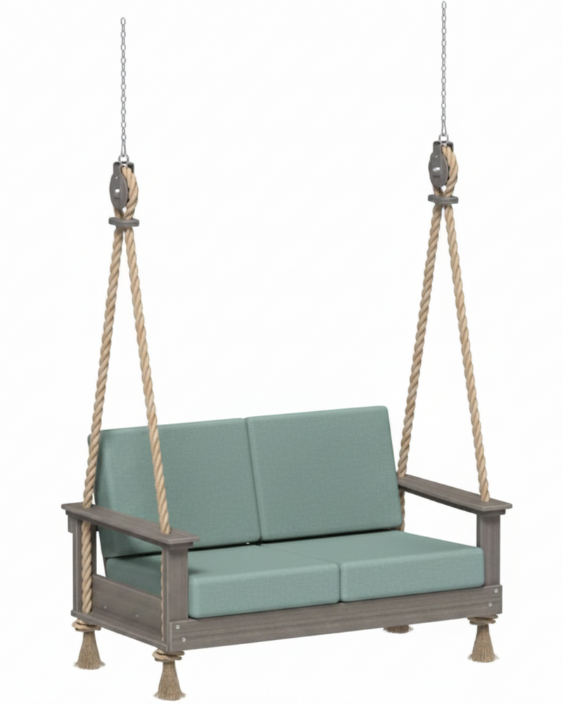 Two-seater swing with green cushions and gray frame on a white background
