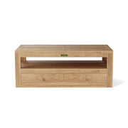 Wooden TV stand with a shelf and drawers on a white background