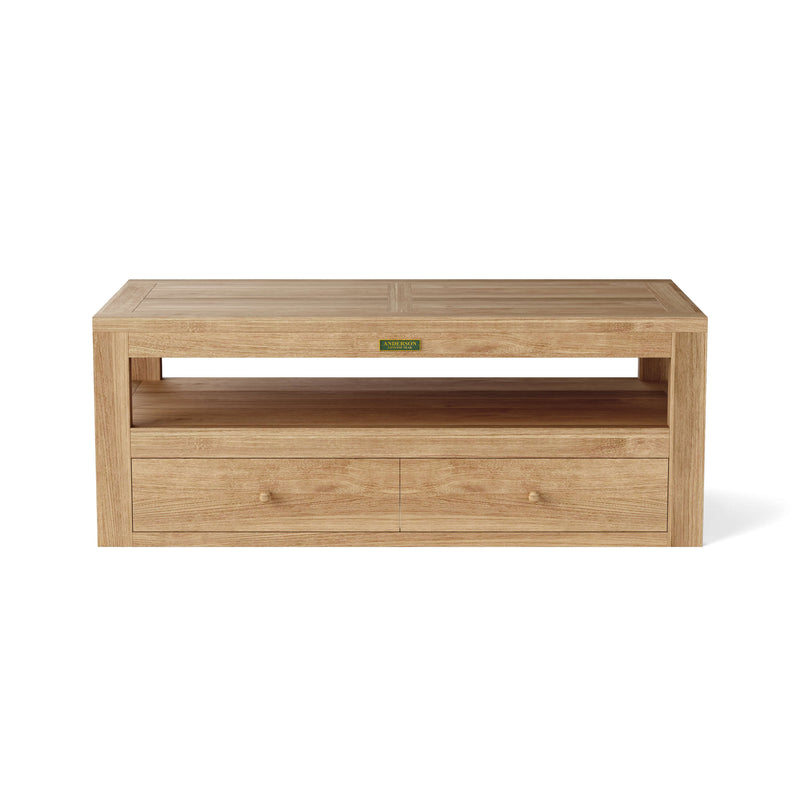 Wooden TV stand with a shelf and drawers on a white background