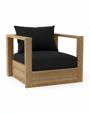 A modern outdoor armchair with a natural oak wood frame and thick black cushions, shown on a solid white background.