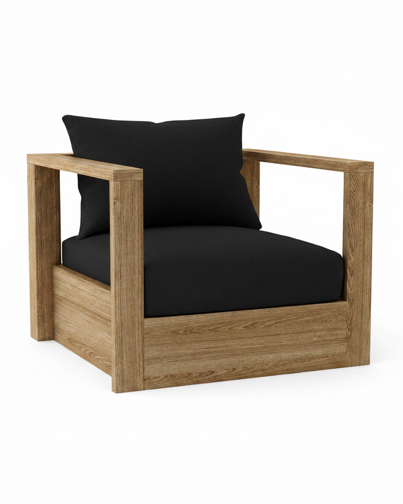 A modern outdoor armchair with a natural oak wood frame and thick black cushions, shown on a solid white background.