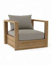 A modern wooden armchair with a thick square frame, upholstered in a light gray textured fabric, featuring a matching gray back cushion, shown on a solid white background.