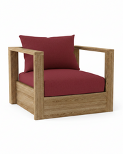 A modern outdoor armchair with a square oak-look wooden frame and deep burgundy cushions, including a backrest pillow, shown on a solid white background.