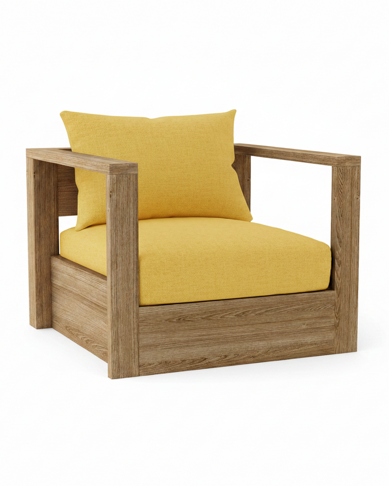 A modern outdoor armchair with a warm brown wood frame and bright yellow fabric cushions, including a backrest pillow, shown on a solid white background.