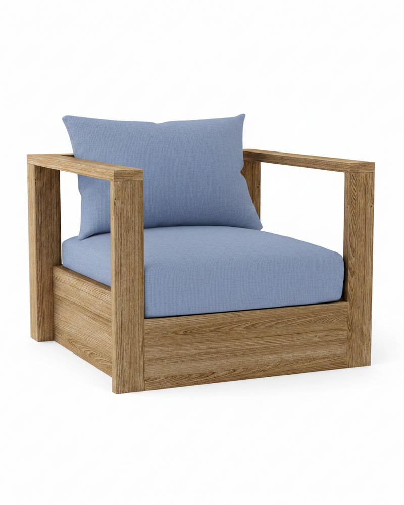 A modern outdoor armchair with a light brown wood frame and teal blue-green cushions, shown on a solid white background.