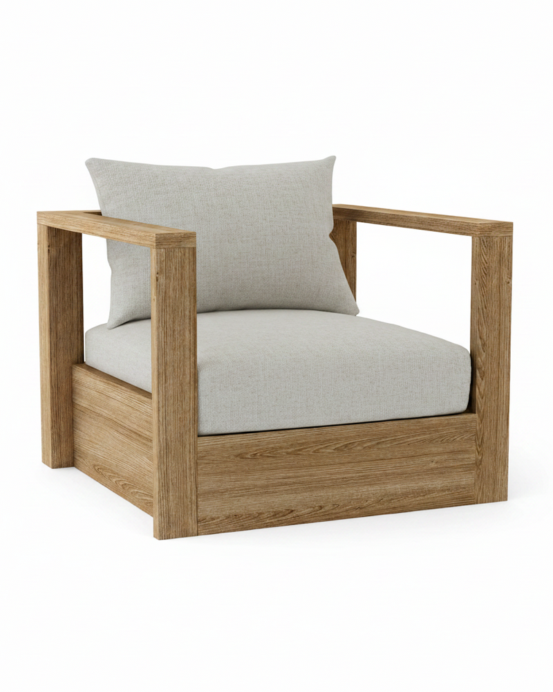A modern outdoor armchair with a square oak wood frame and light gray textured cushions, shown on a solid white background.