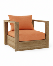 A modern outdoor armchair with a square wooden frame and textured orange cushions, shown on a solid white background.