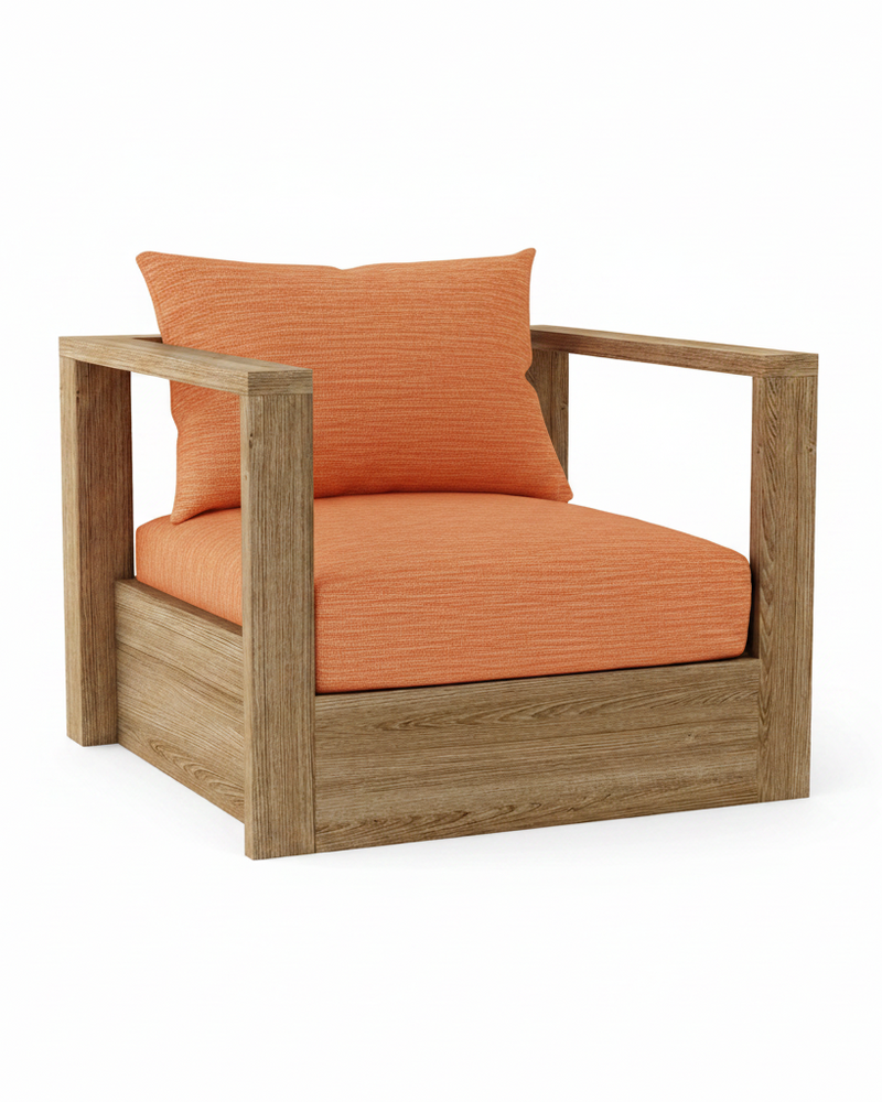 A modern outdoor armchair with a square wooden frame and textured orange cushions, shown on a solid white background.